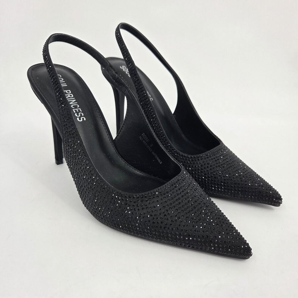 NEW Soul Princess Rose Women’s Black Rhinestone Slingback Stiletto Heels Size 9